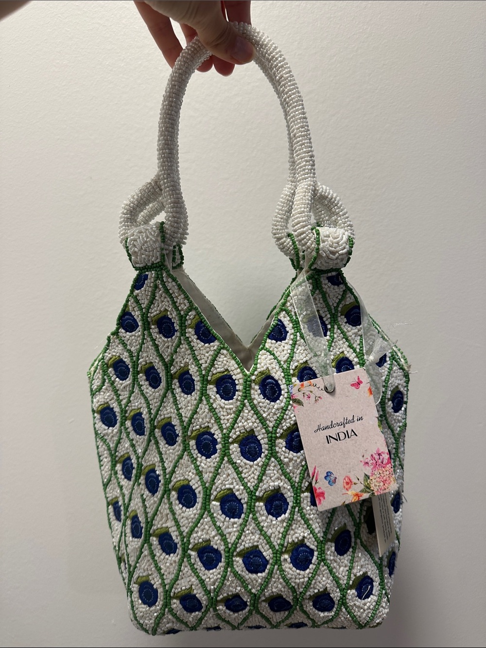 Handcrafted White Beaded Bag with Blue & Green Pattern